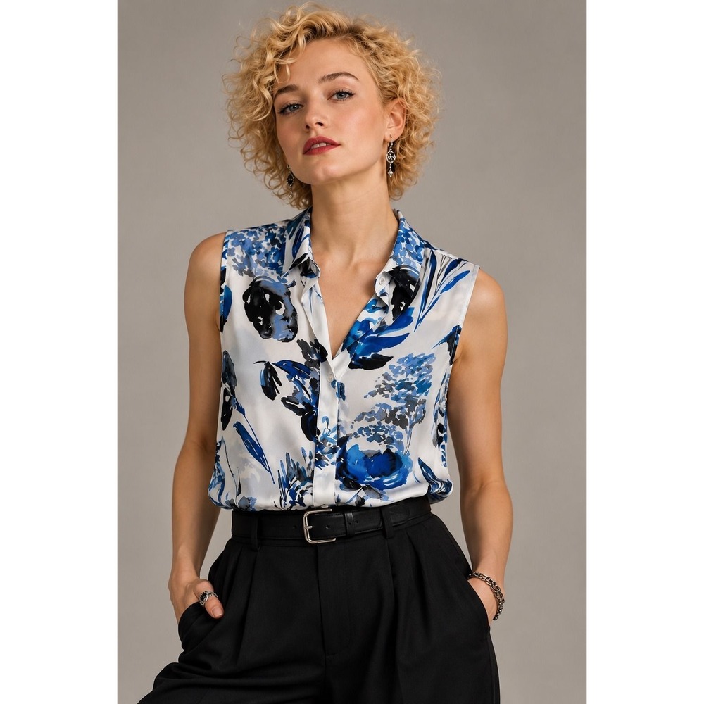 Karl Lagerfeld Paris Blue Floral Sleeveless Button Front Blouse Medium